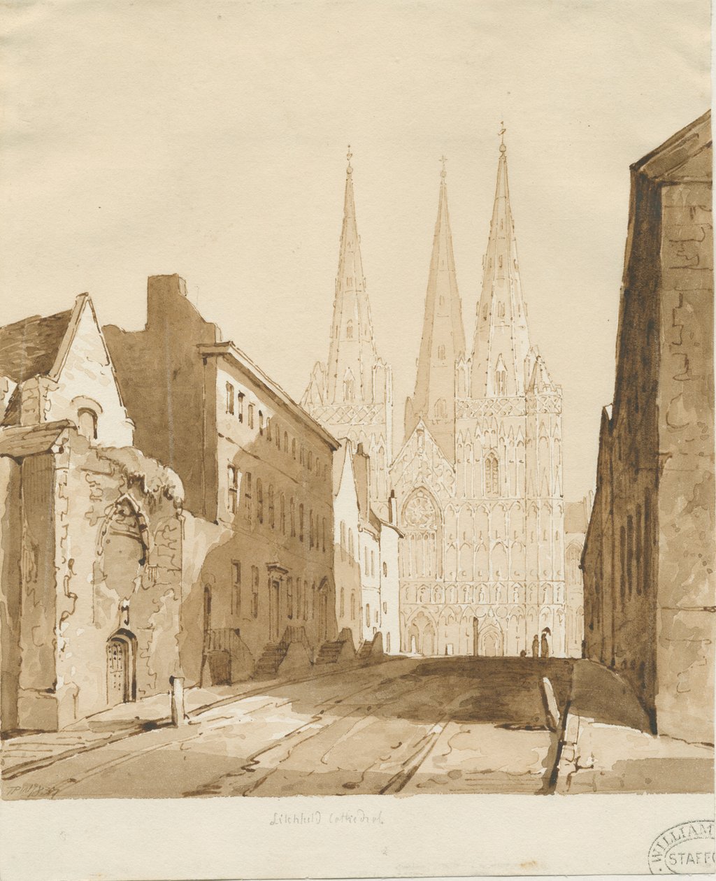 Lichfield Cathedral: röd-sepia teckning av Thomas Peploe Wood