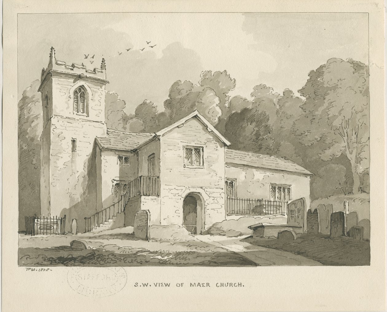 Maer Church: sepiatvättteckning, 1838 av Thomas Peploe Wood