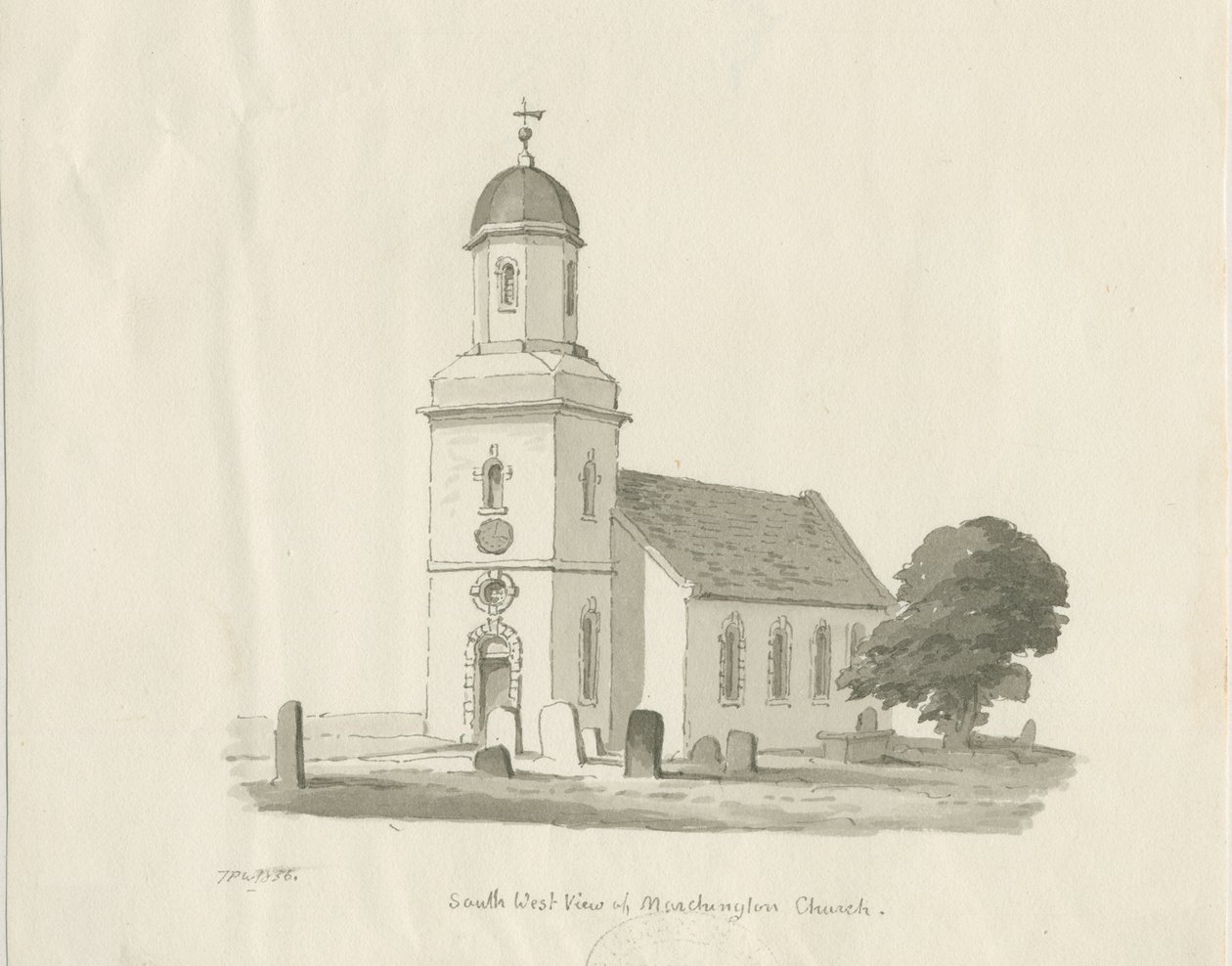 Marchington Church: sepiatvättteckning, 1836 av Thomas Peploe Wood