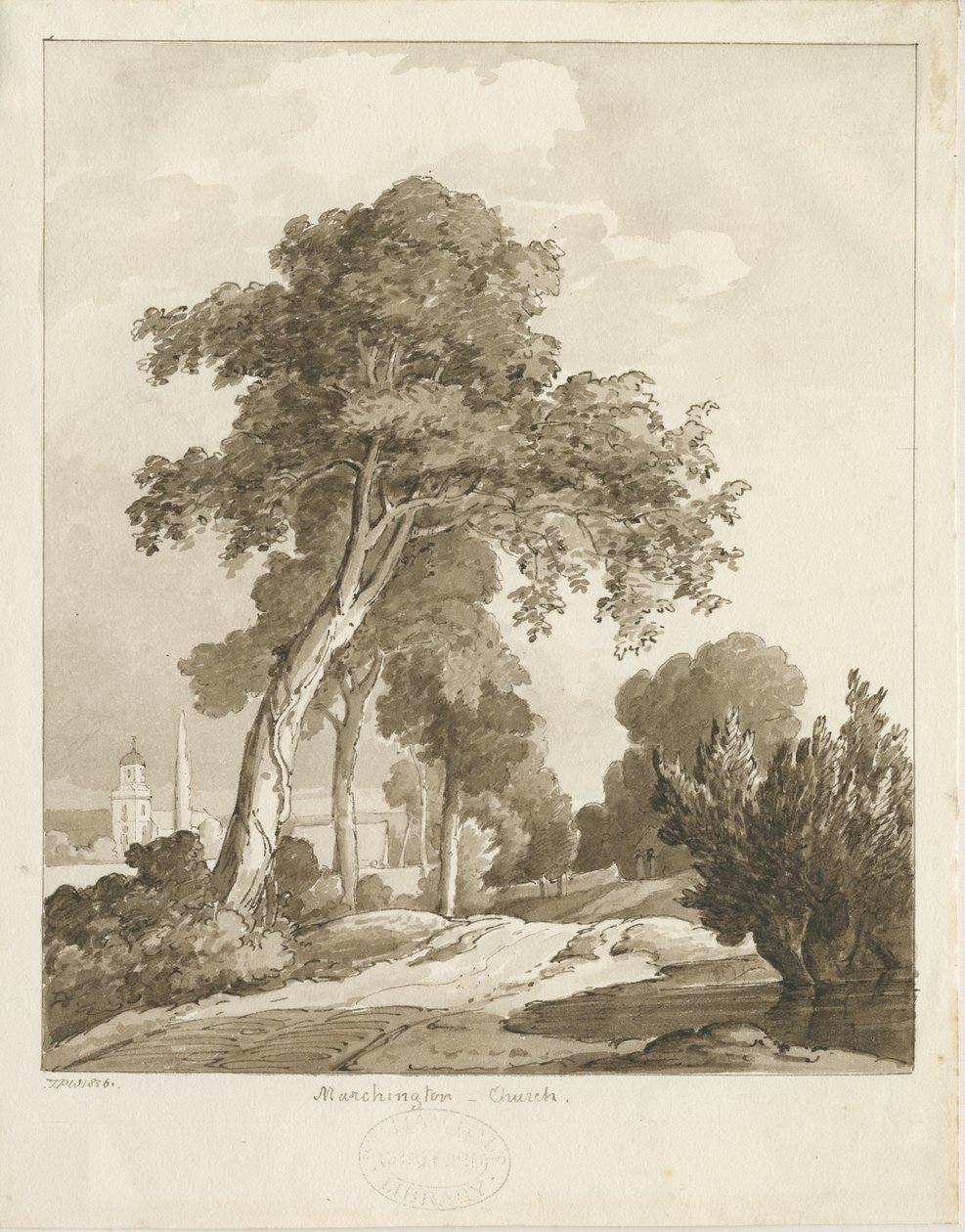 Marchington Church: sepiatvättteckning, 1836 av Thomas Peploe Wood