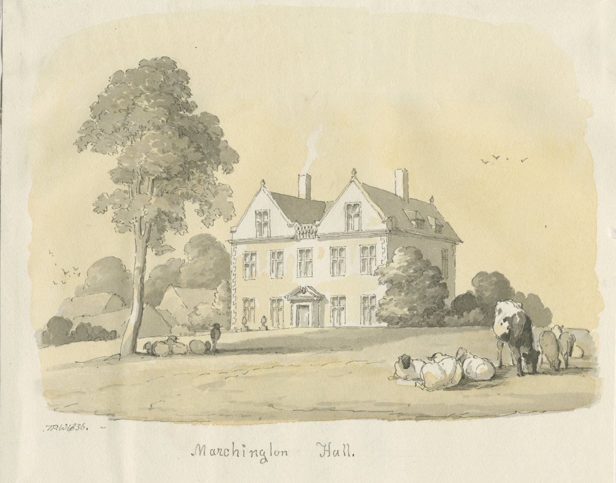 Marchington Hall: vattenfärg och bläckmålning, 1836 av Thomas Peploe Wood