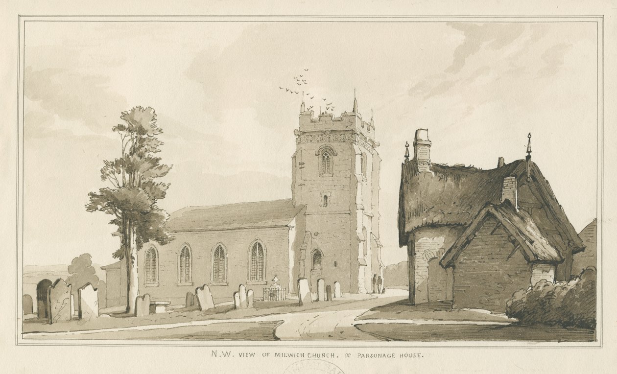 Milwich Church and Parsonage House: ritning med penna och tvätt, nd [?1838] (ritning) av Thomas Peploe Wood