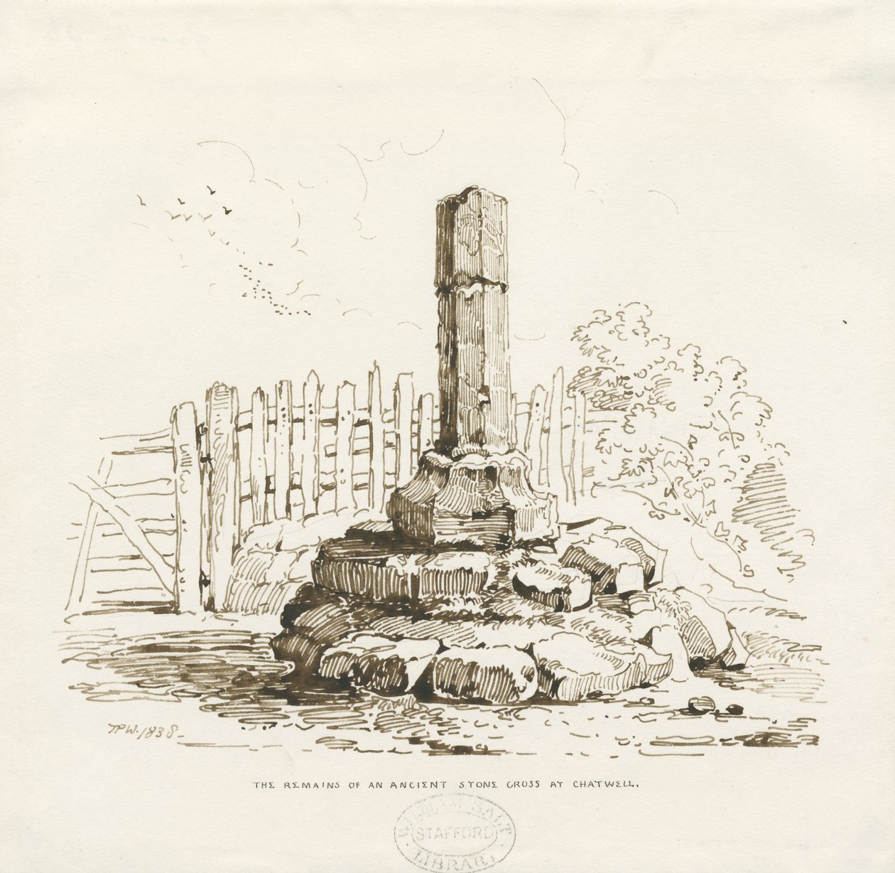 Moreton - Stenkorset finns kvar i Chatwell: pennteckning, 1838 av Thomas Peploe Wood