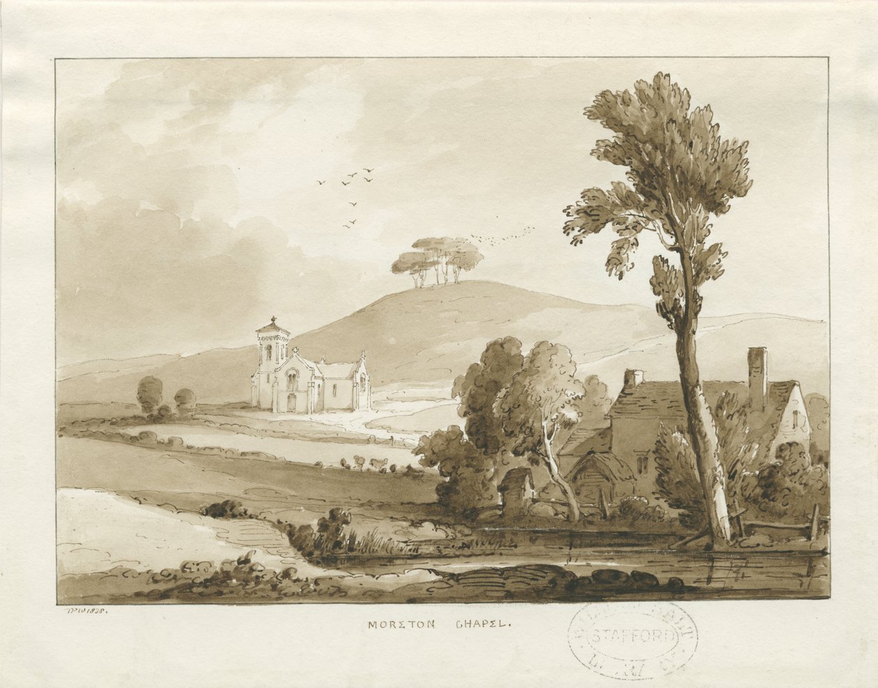 Moreton Chapel: sepiatvättteckning, 1838 av Thomas Peploe Wood