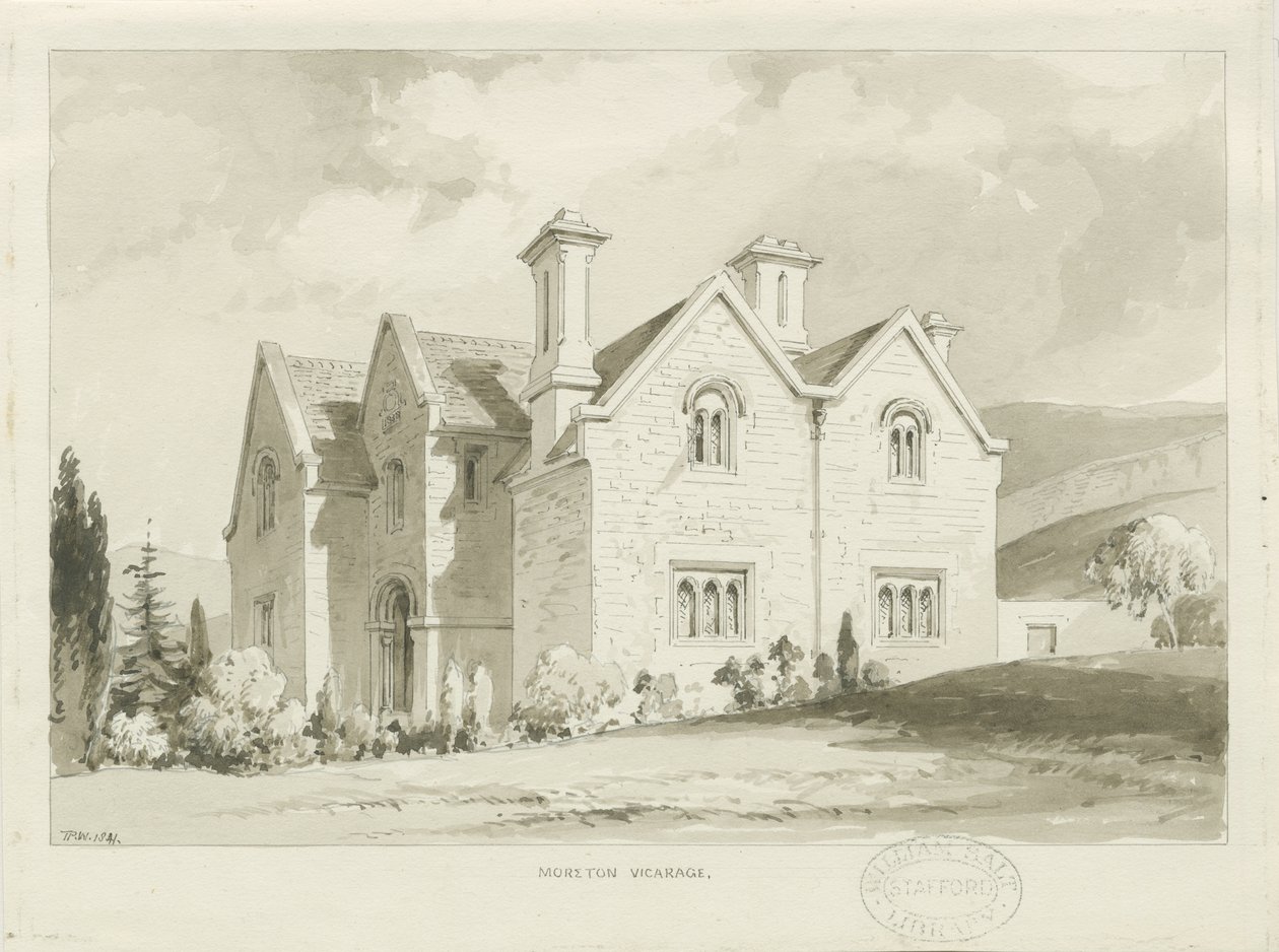 Moreton Vicarage: sepiatvättteckning, 1841 av Thomas Peploe Wood