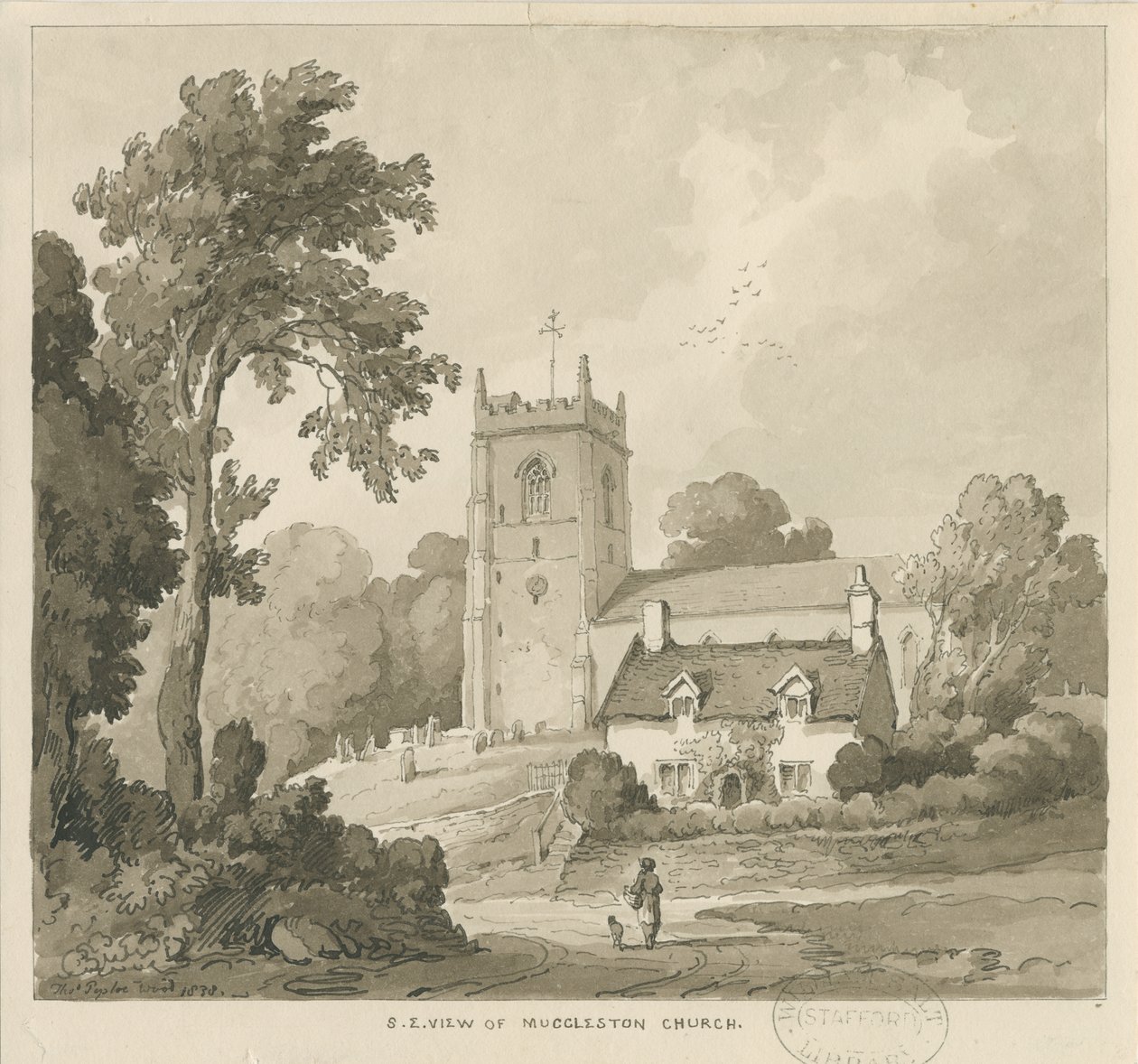 Mucklestone Church: sepiatvättteckning av Thomas Peploe Wood
