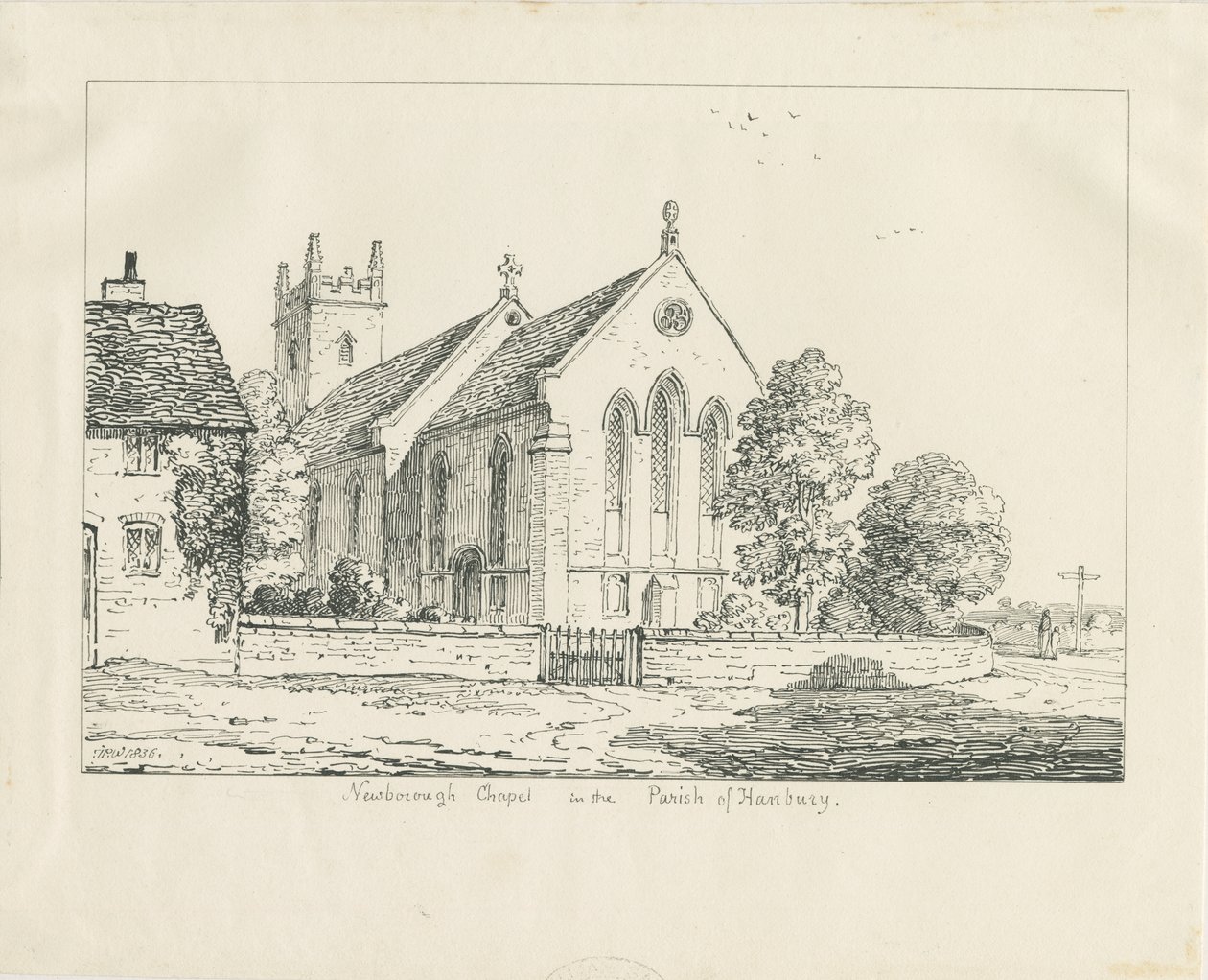 Newborough Church: ritning med penna och bläck av Thomas Peploe Wood
