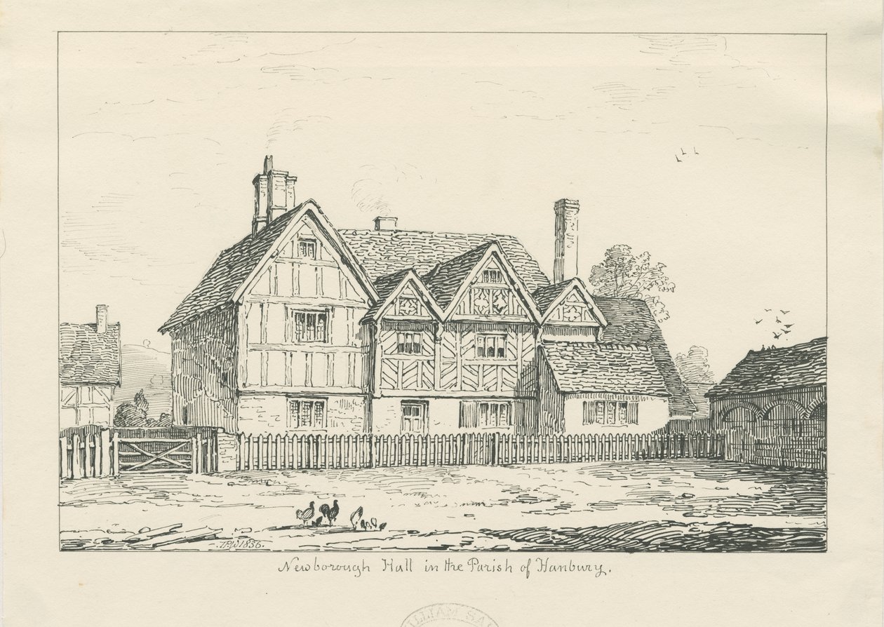 Newborough Hall: pennteckning, 1836 av Thomas Peploe Wood