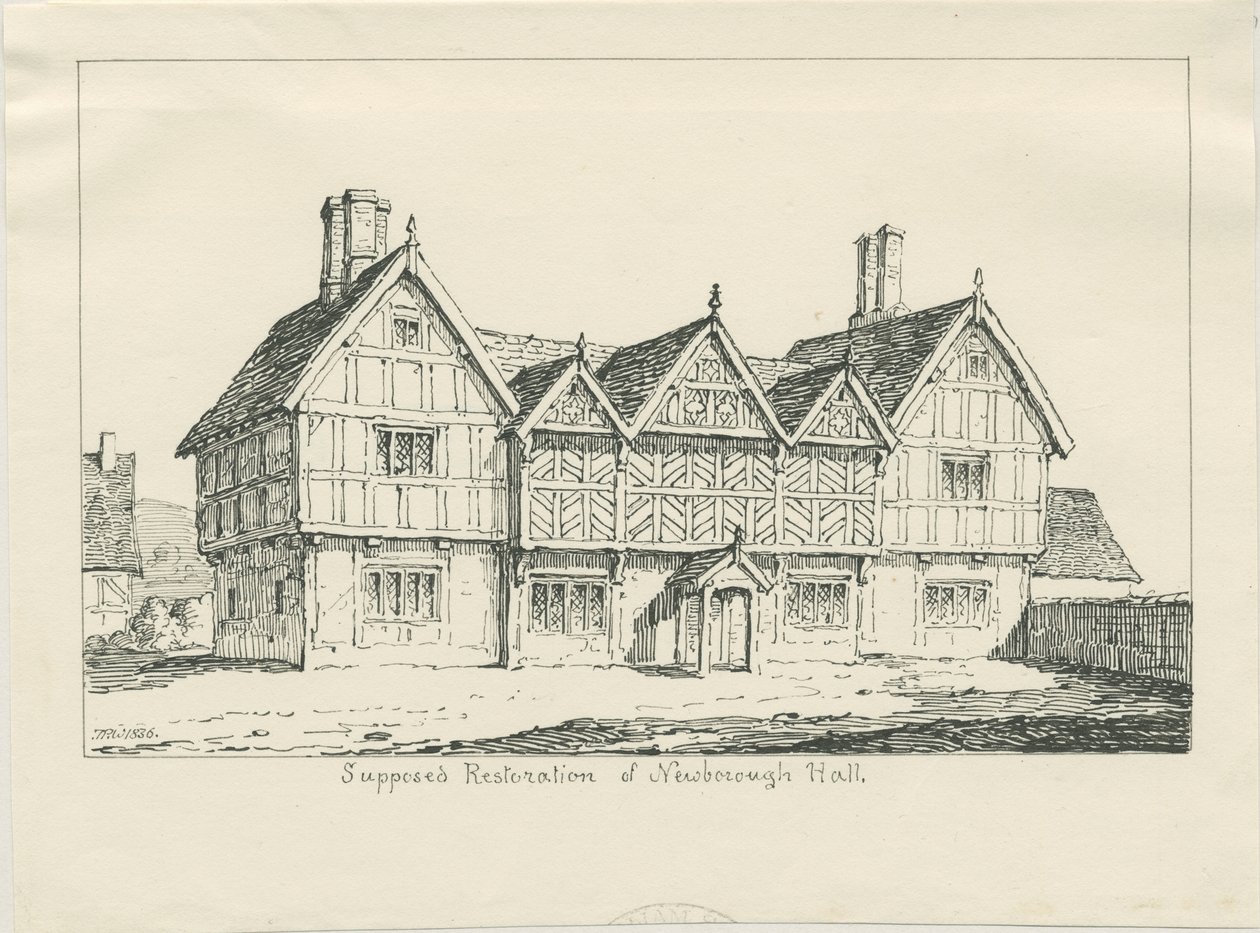 Newborough Hall: pennteckning, 1836 av Thomas Peploe Wood