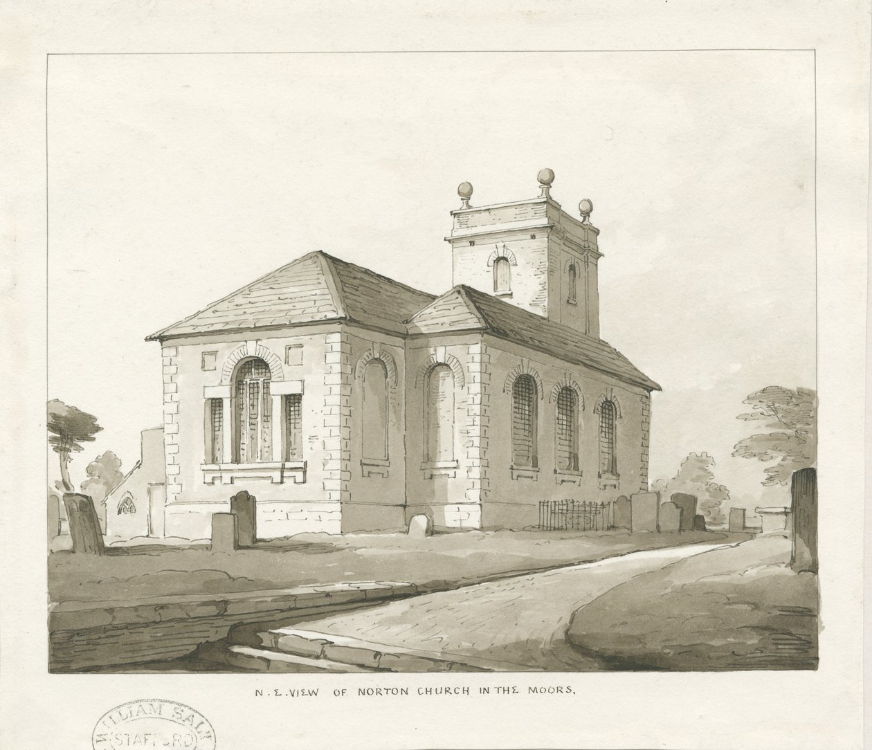 Norton-in-the-Moors Church: sepiatvättteckning, nd [1817-1845] av Thomas Peploe Wood