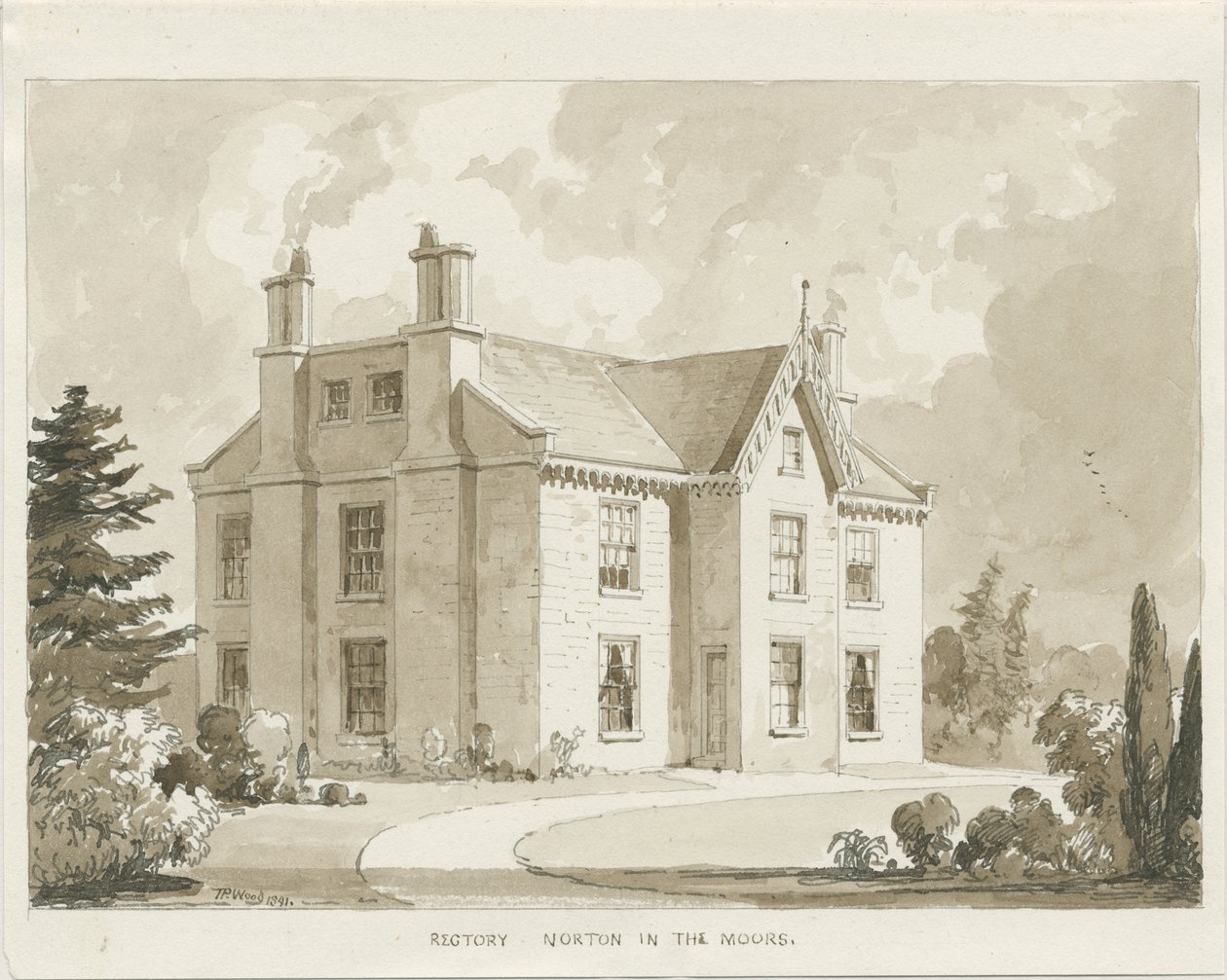 Norton-in-the-Moors Rectory: sepiatvättteckning, 1841 av Thomas Peploe Wood