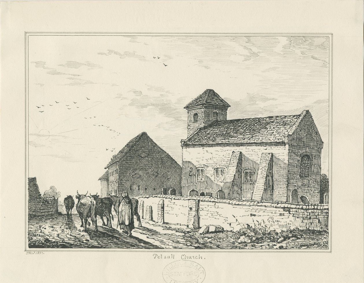 Pelsall kyrka (gammal): penna och bläck ritning av Thomas Peploe Wood