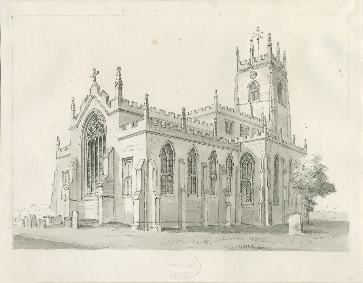 Penkridge Church: ritning med penna och tvätt, nd [1836] (ritning) av Thomas Peploe Wood