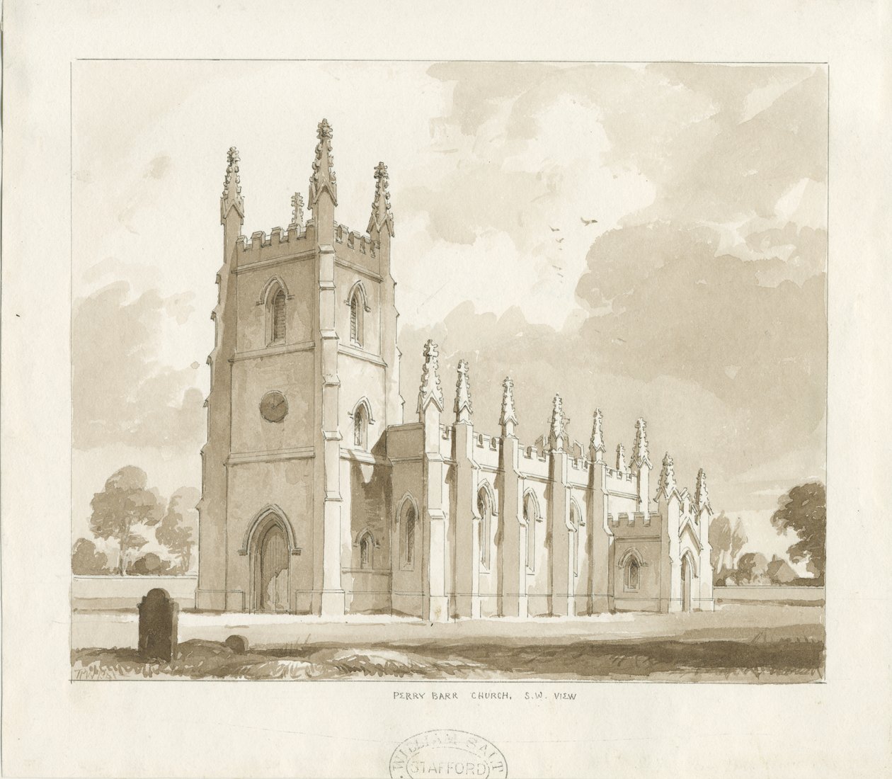 Perry Barr Church: sepiatvättteckning av Thomas Peploe Wood
