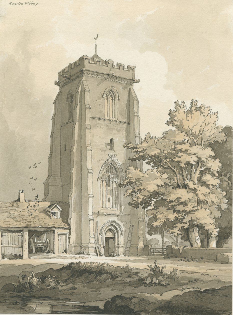 Ranton Abbey [Priory]: ritning med penna och tvätt, nd [?1838] (ritning) av Thomas Peploe Wood