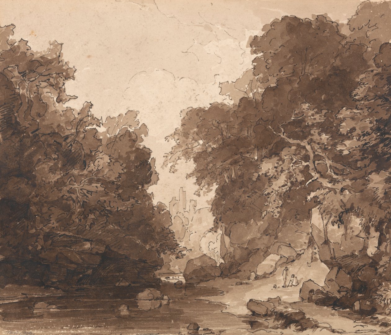 Roslyn Castle - ett trädbevuxet flodlandskap av Thomas Peploe Wood