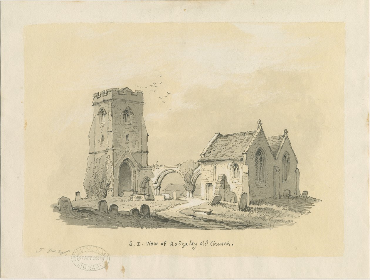 Rugeley Church (gammal): sepiateckning på tonat papper, nd [?1839] (teckning) av Thomas Peploe Wood