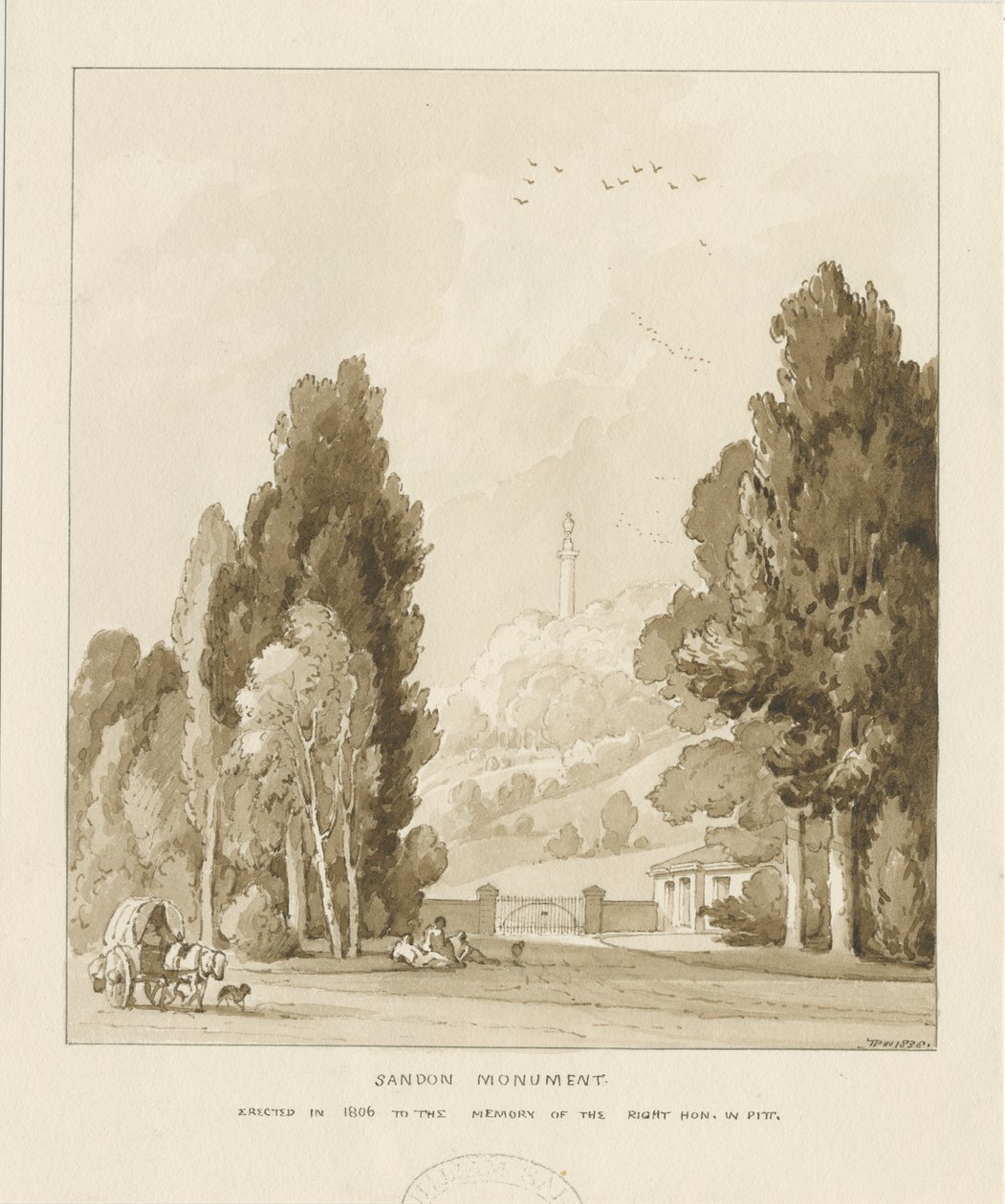 Sandon - Monument till William Pitt: sepiatvättteckning, 1838 av Thomas Peploe Wood