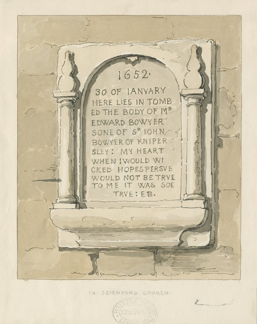 Seighford Church - Stentavla till Edward Bowyer: sepiateckning, nd [?1838] (teckning) av Thomas Peploe Wood