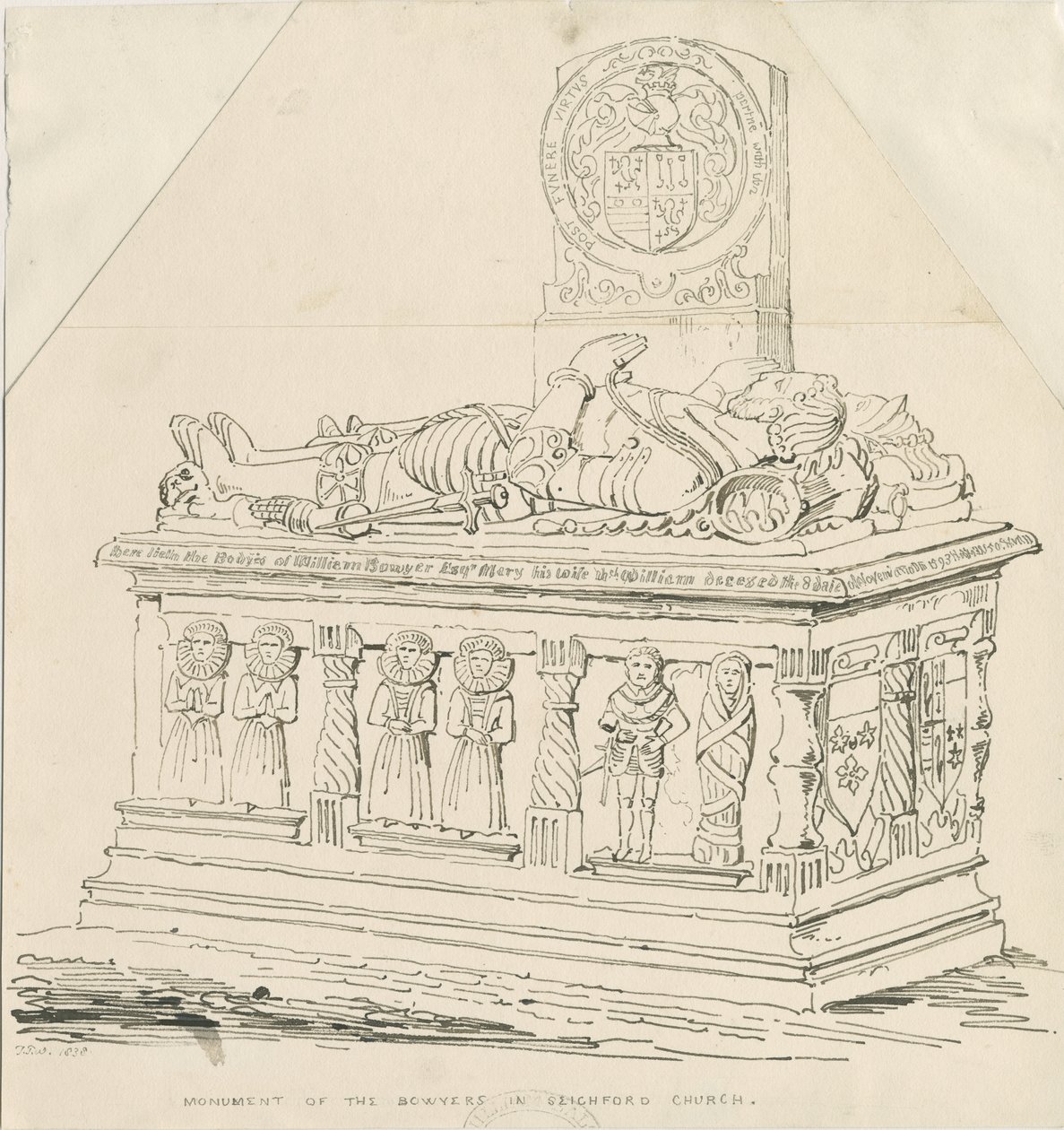 Seighford Church - Tomb of William and Mercy Bowyer: ritning med penna och bläck av Thomas Peploe Wood