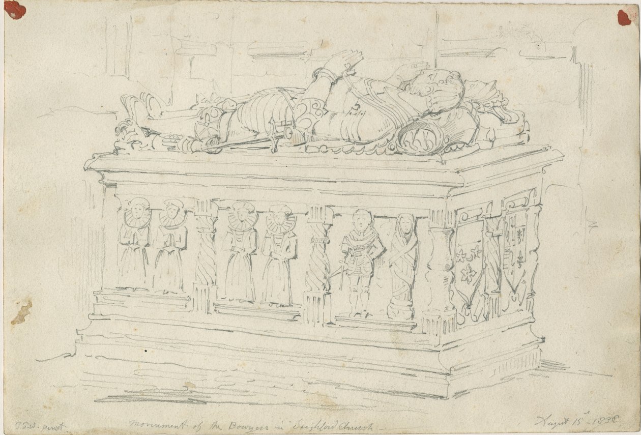 Seighford Church - Tomb of William and Mercy Bowyer: blyertsteckning av Thomas Peploe Wood