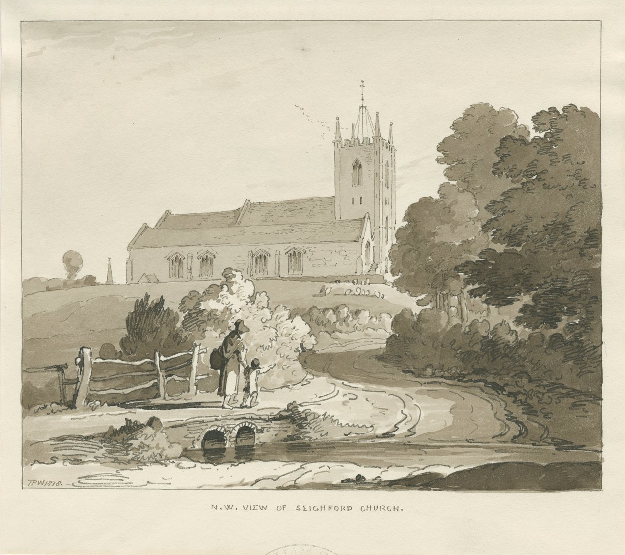 Seighford Church: sepiatvättteckning av Thomas Peploe Wood