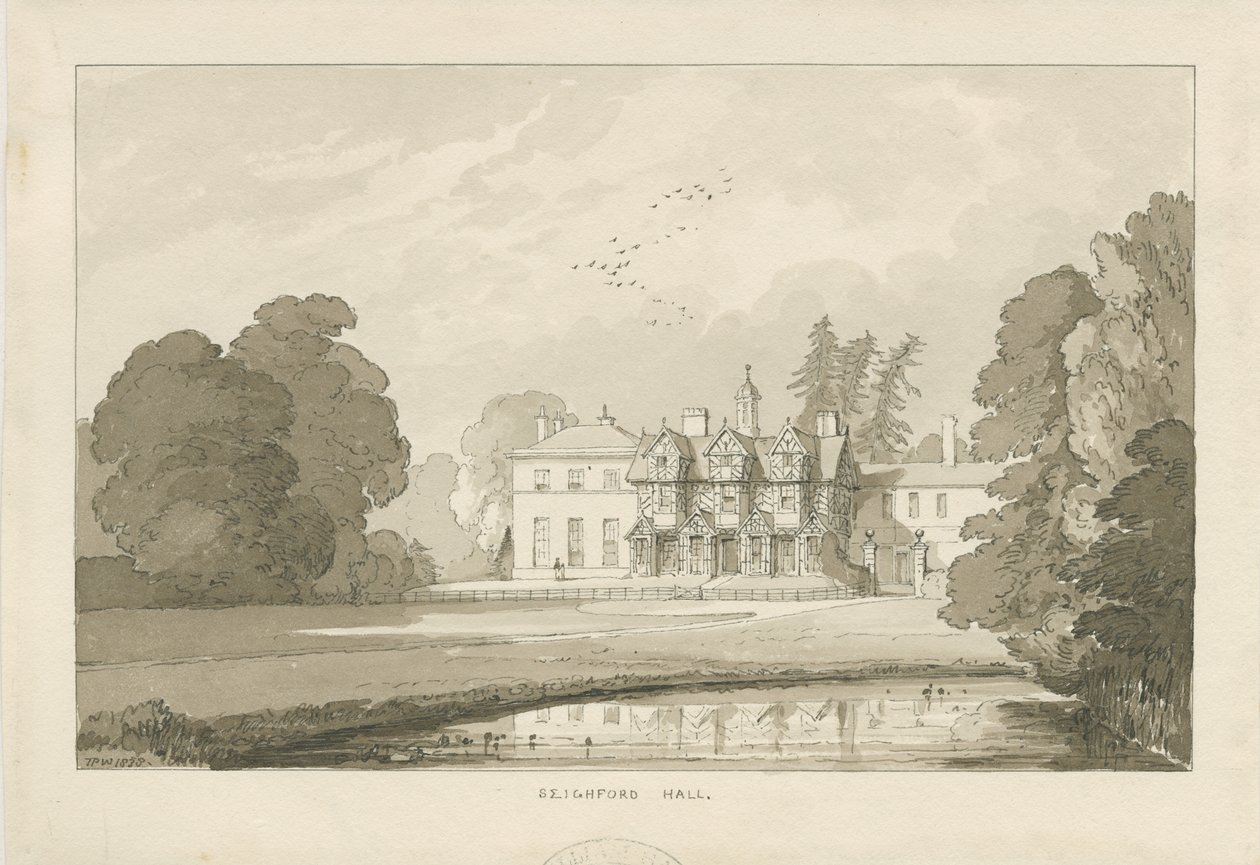 Seighford Hall: sepia-tvättad ritning av Thomas Peploe Wood