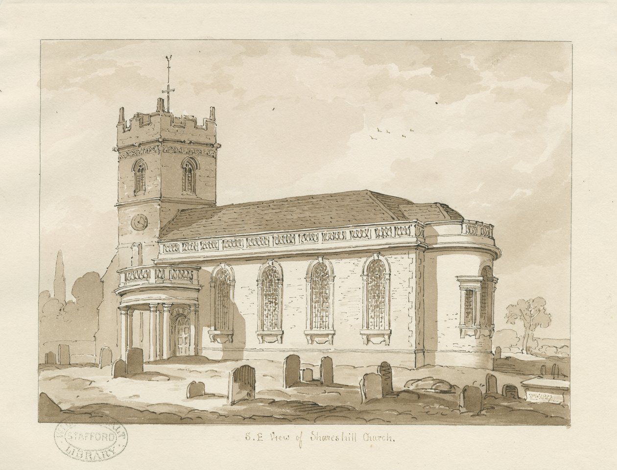 Shareshill Church: sepiateckning, 1837 av Thomas Peploe Wood