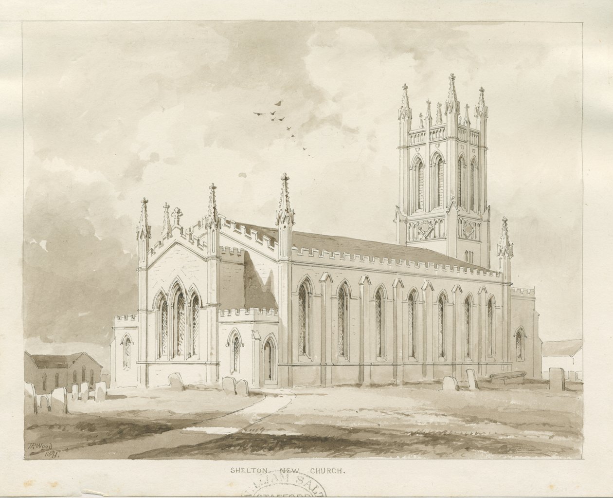 Shelton Church: sepiatvättteckning av Thomas Peploe Wood