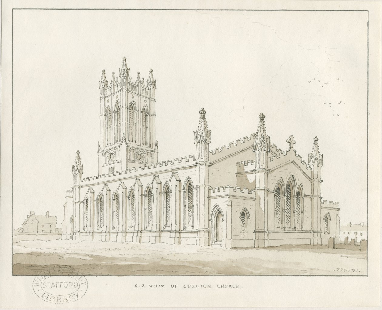 Shelton Church: sepiatvättteckning av Thomas Peploe Wood