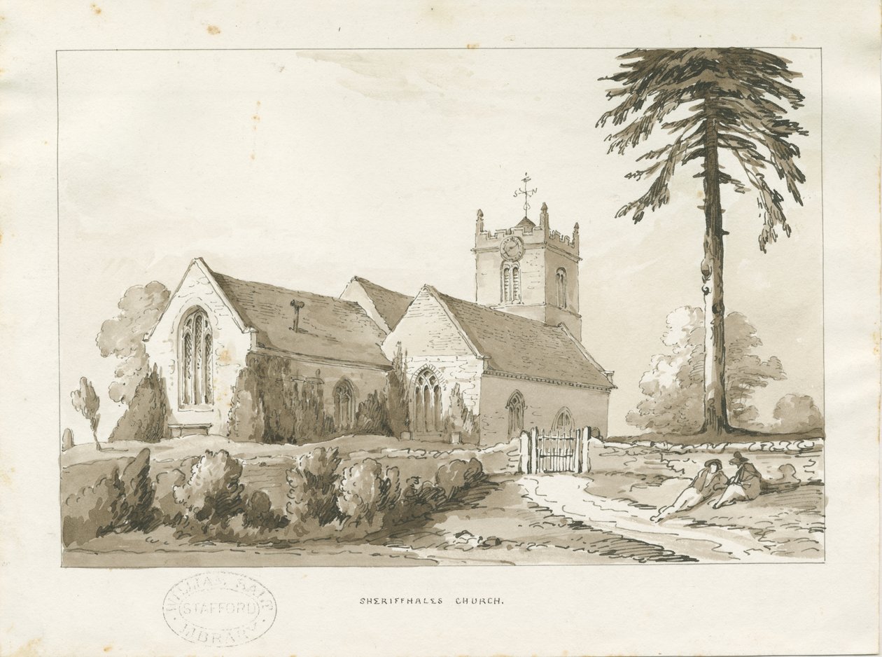 Sheriffhales Church: sepia tvättteckning, nd [?1838] (ritning) av Thomas Peploe Wood