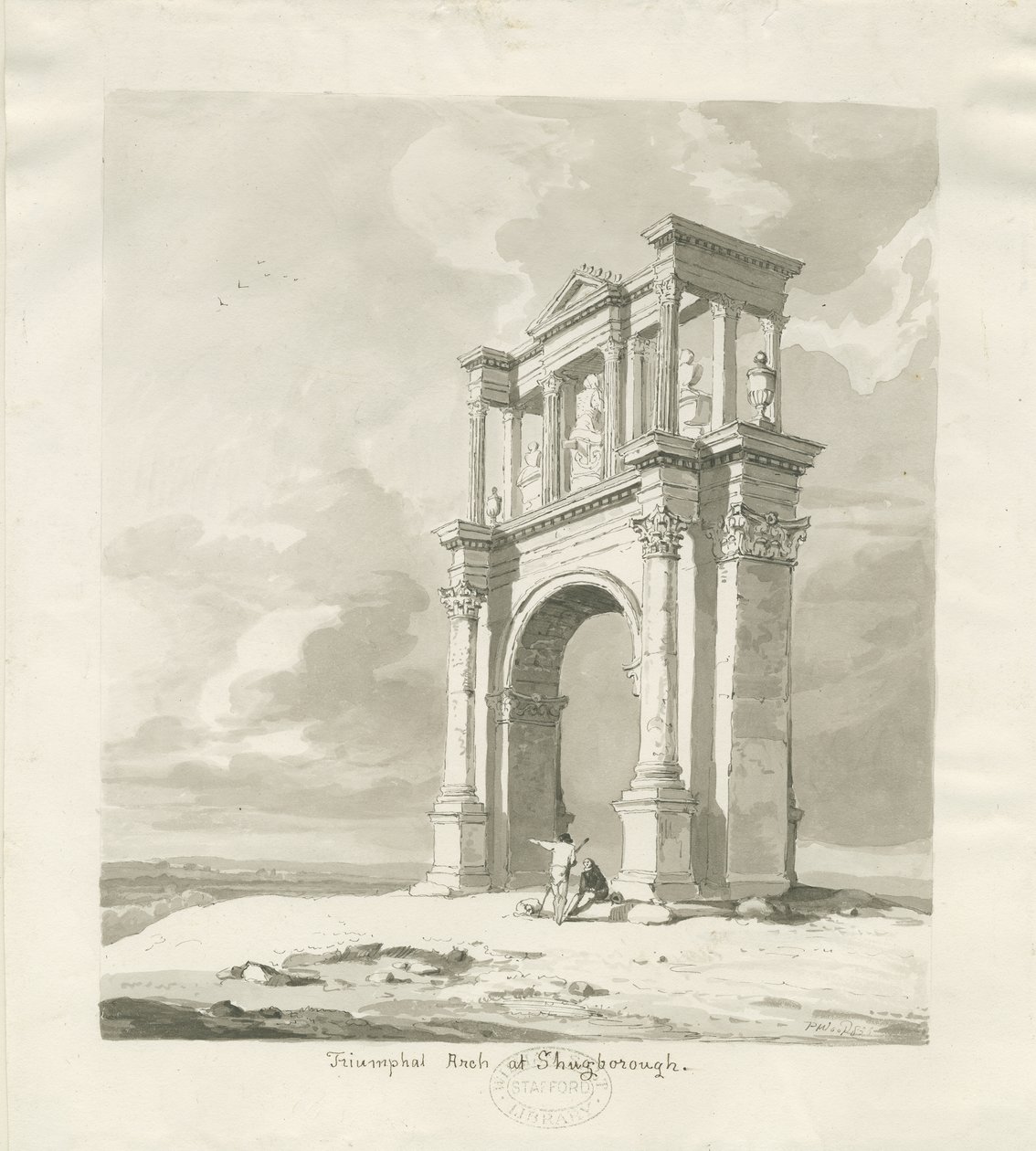 Shugborough - Triumfbåge: sepiateckning, 1836 av Thomas Peploe Wood