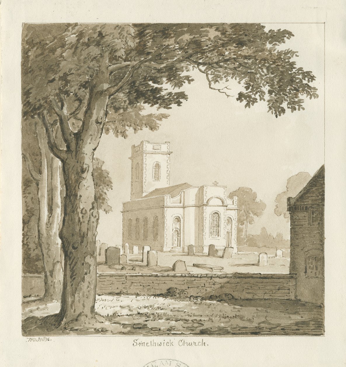 Smethwick Church: sepiateckning, 1836 av Thomas Peploe Wood