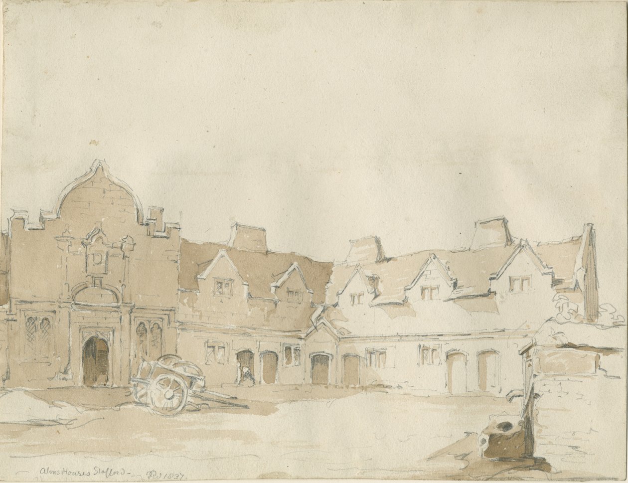 Stafford - Alms Houses: pennteckning, 1837 av Thomas Peploe Wood