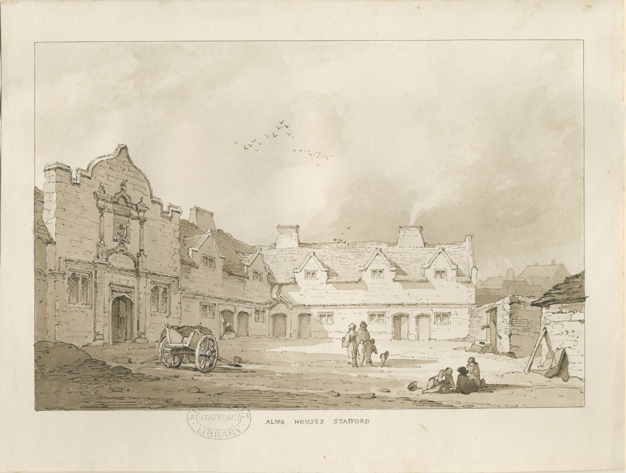 Stafford - Alms Houses: sepia ritning, nd [1837] (ritning) av Thomas Peploe Wood