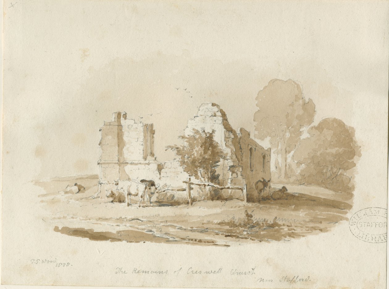 Stafford - Creswell Chapel: sepiateckning (vinjeterad) av Thomas Peploe Wood