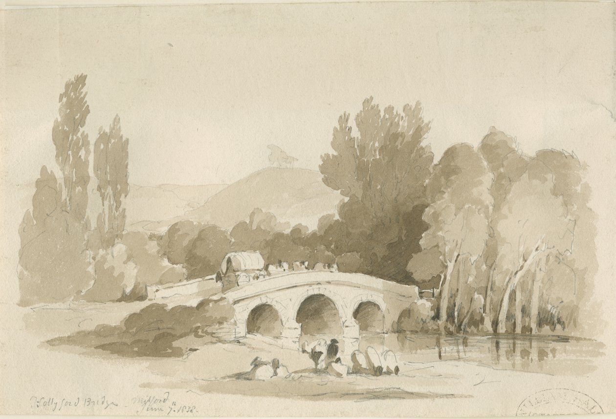 Stafford - Hollyford Bridge, Milford: sepiateckning, 7 juni 1838 (ritning) av Thomas Peploe Wood
