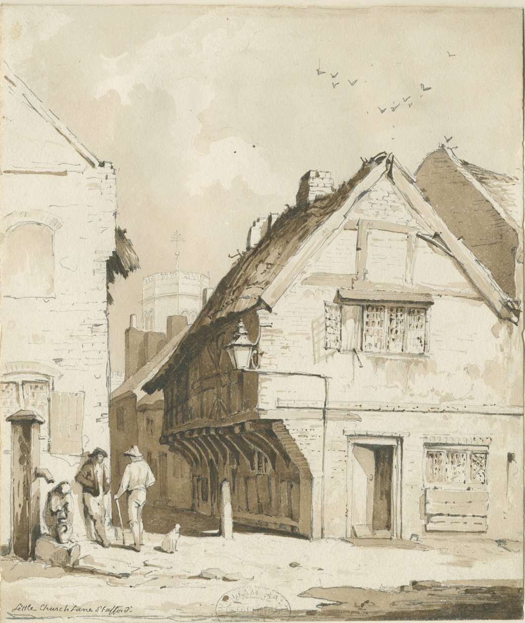 Stafford - Little Church Lane: sepiateckning, nd [c 1837] av Thomas Peploe Wood