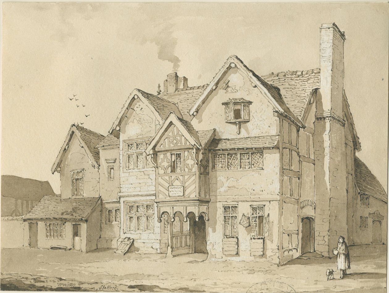 Stafford - [Old Houses in Crabbery Lane]: sepia- och pennteckning av Thomas Peploe Wood