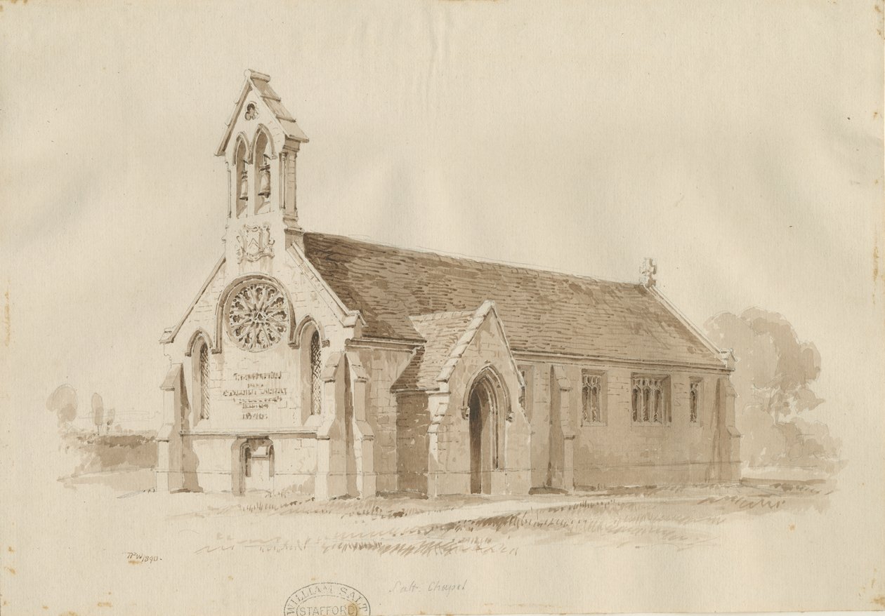 Stafford - Salt Chapel [St. James"]: ritning med penna och tvätt, 1840 av Thomas Peploe Wood