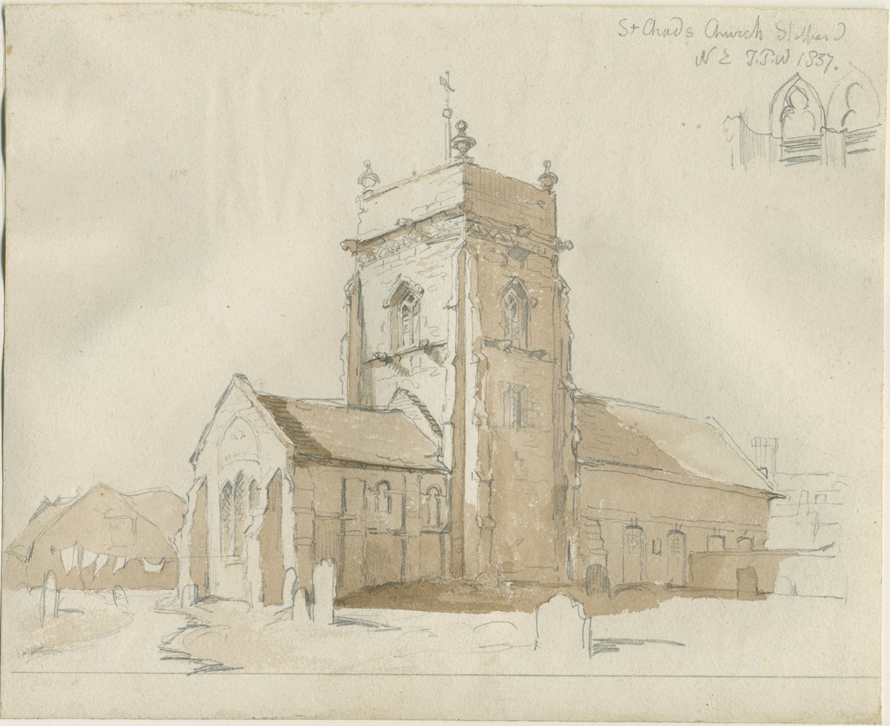 Stafford - St. Chads kyrka: ritning med penna och tvätt av Thomas Peploe Wood