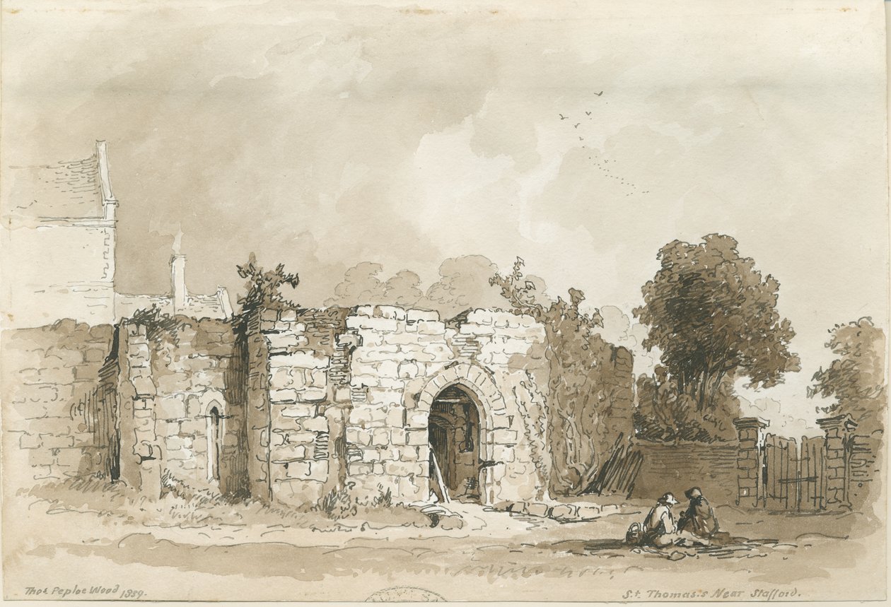 Stafford - St. Thomas" [Priory]: penn- och sepiateckning, 1839 av Thomas Peploe Wood
