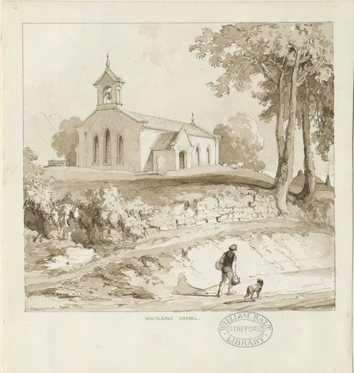 Stafford - Whitgreave Chapel: sepiateckning, nd [c 1838] (ritning) av Thomas Peploe Wood