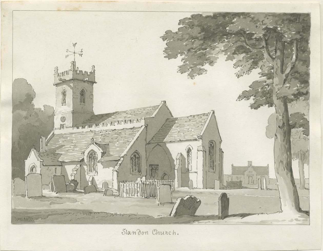 Standon Hall: ritning med penna och bläck, och [?mitten av 1800-talet] (teckning) av Thomas Peploe Wood