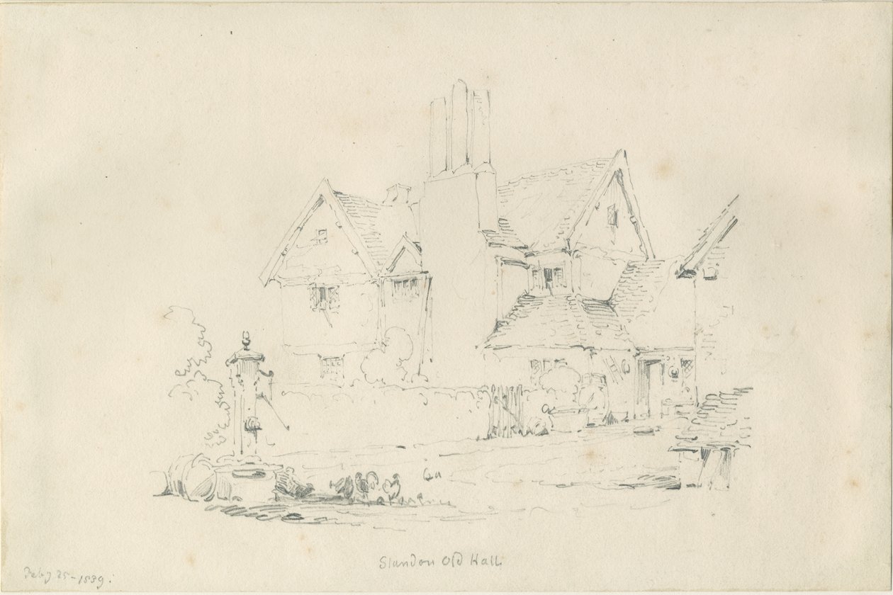 Standon Hall: blyertsteckning, 25 februari 1839 av Thomas Peploe Wood
