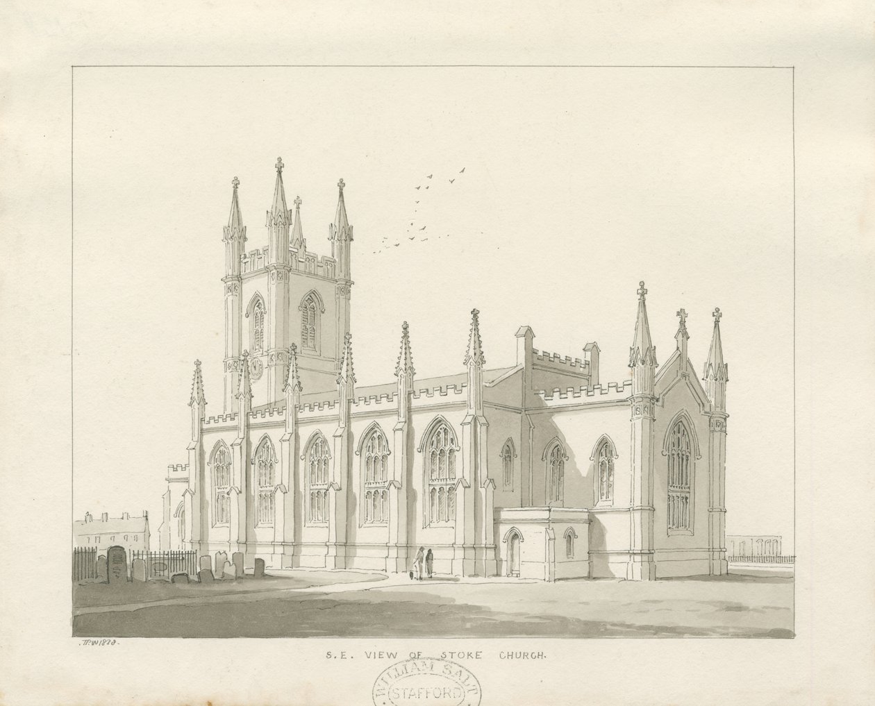 Stoke-upon-Trent Church [New]: sepia ritning av Thomas Peploe Wood