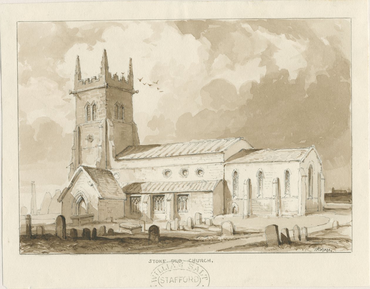 Stoke-upon-Trent Church [Gammal]: sepiateckning, 1841 av Thomas Peploe Wood