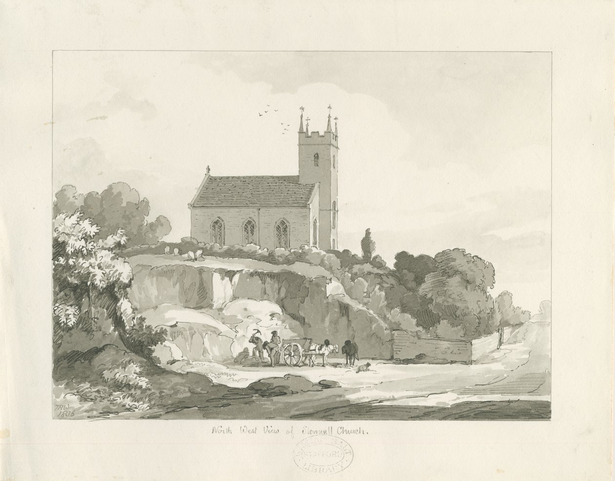 Stonnall kyrka: ritning med penna och tvätt av Thomas Peploe Wood