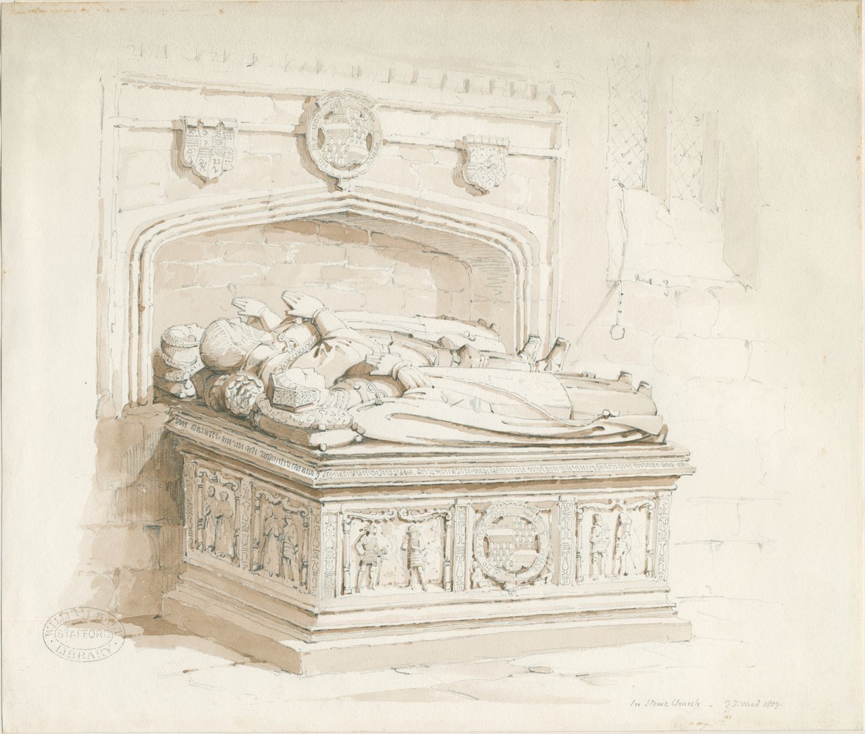 Stowe Church - Bordsgrav [av Sir Walter Devereux]: sepiateckning av Thomas Peploe Wood
