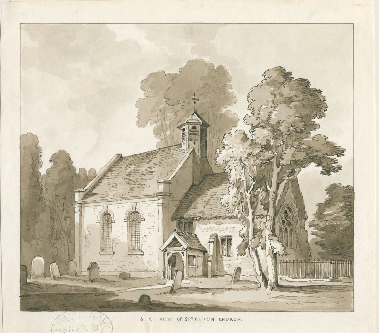 Stretton Church: sepiatvättteckning, nd [?1838] av Thomas Peploe Wood